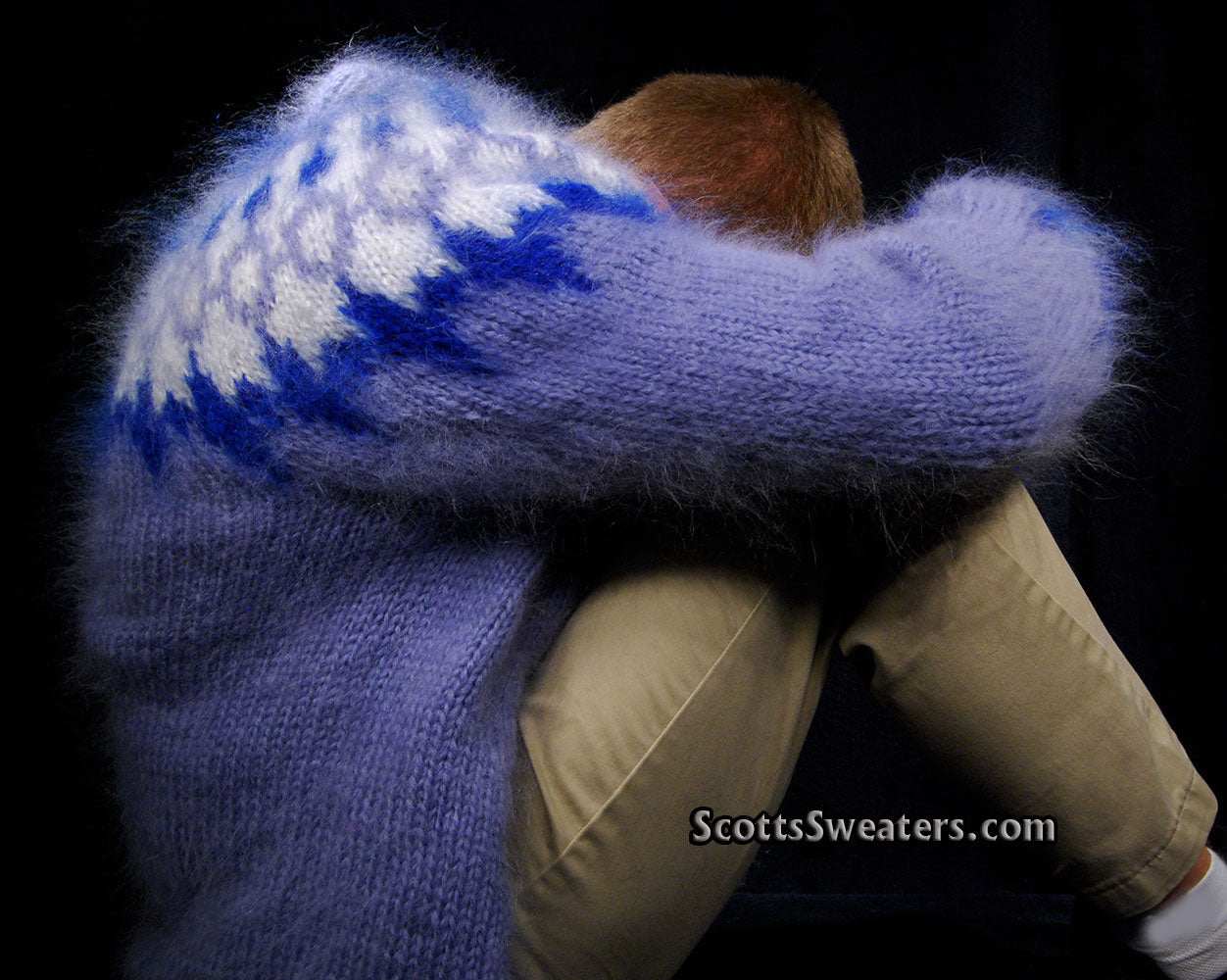 Men's Mohair Cardigan in fuzzy hand-knit blue with white and blue pattern by Scott's Sweaters