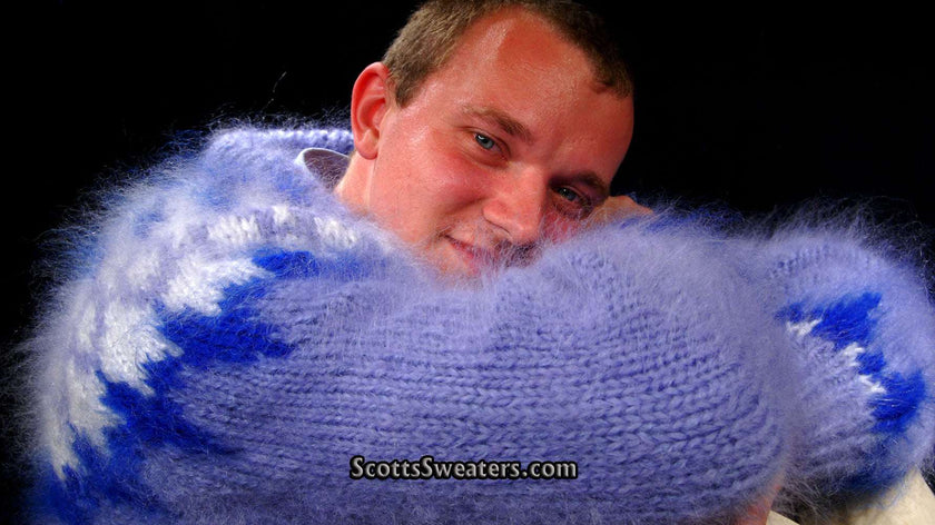 Man wearing hand-knit fuzzy lavender blue mohair cardigan sweater