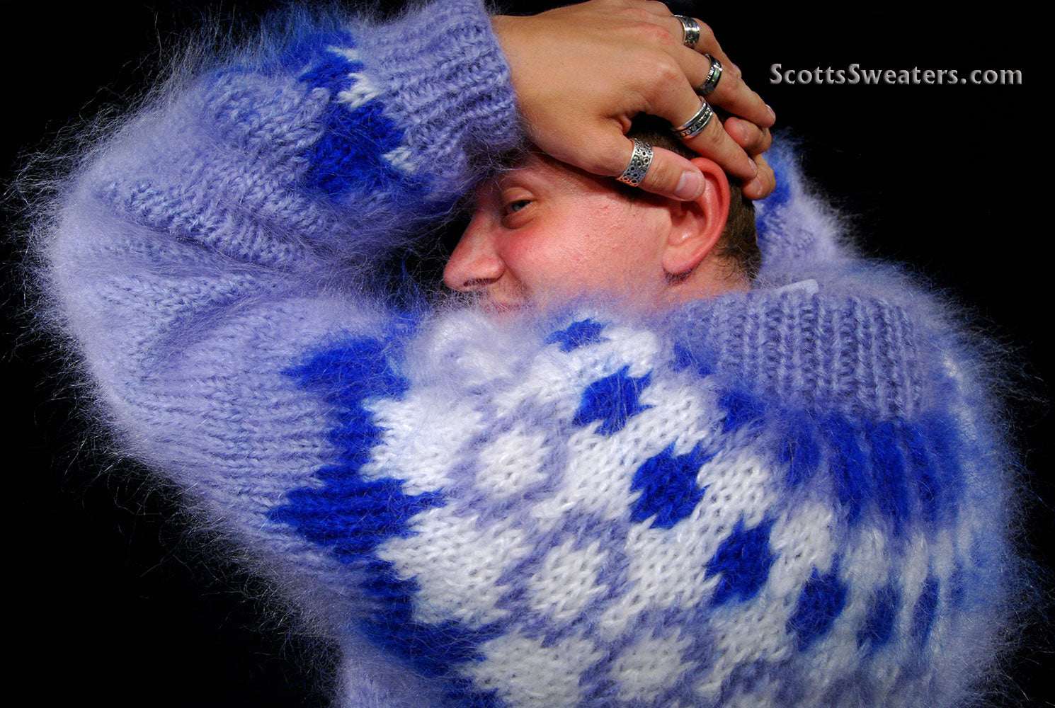 Men's hand-knit mohair cardigan sweater with blue and white fuzzy pattern and zipper front