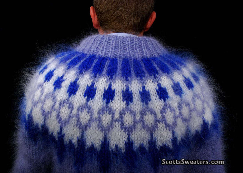 Back view of hand-knit men's mohair cardigan sweater with blue and white fuzzy pattern