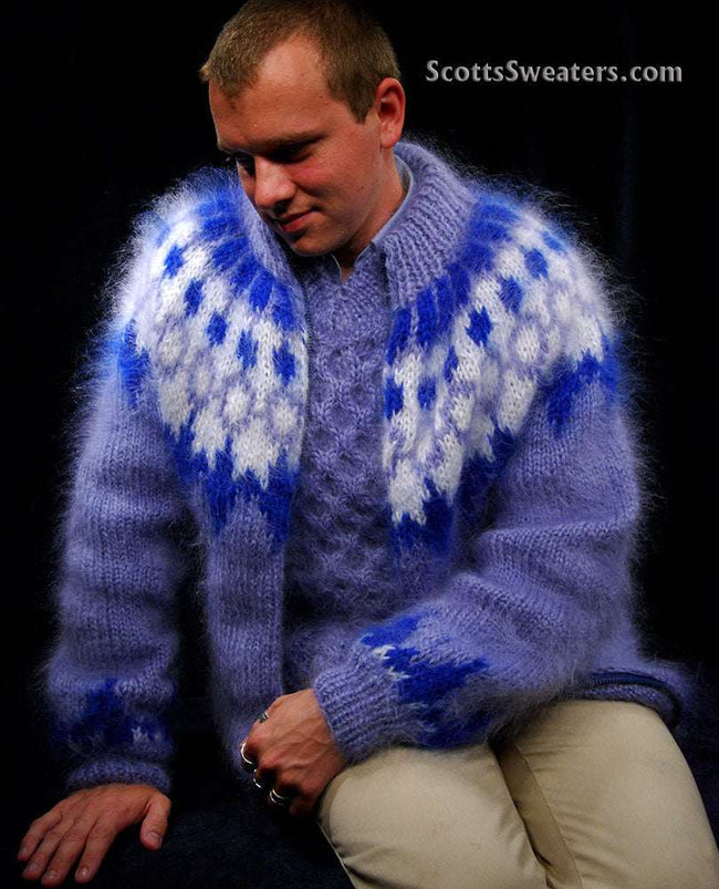 Men's handknit mohair cardigan sweater with fuzzy long hair and blue-white pattern, zipper front design.