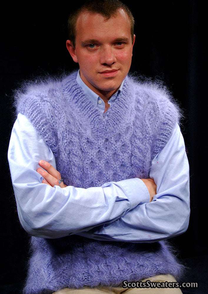Men's handknit long-hair soft mohair sleeveless sweater vest matching cardigan