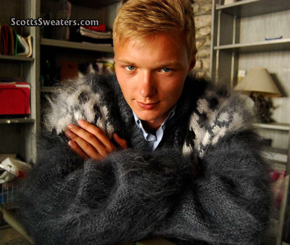 Mohair Cardigan Men's handknit fuzzy zipper-front sweater worn by man