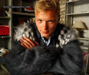 Mohair Cardigan Men's handknit fuzzy zipper-front sweater worn by man