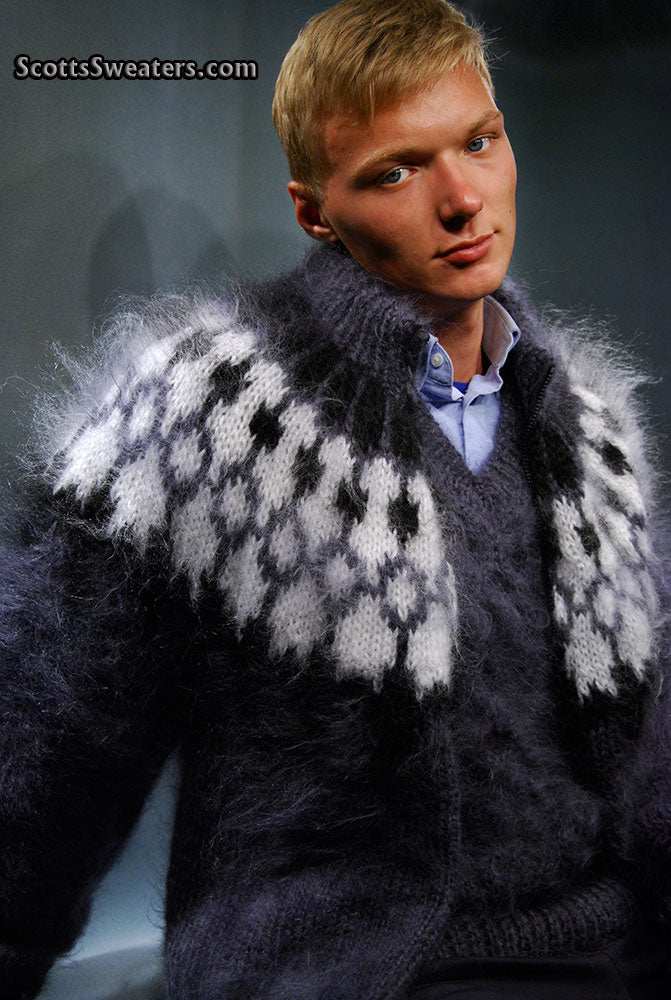 Men's hand-knit fuzzy mohair cardigan with zipper front by Scott's Sweaters