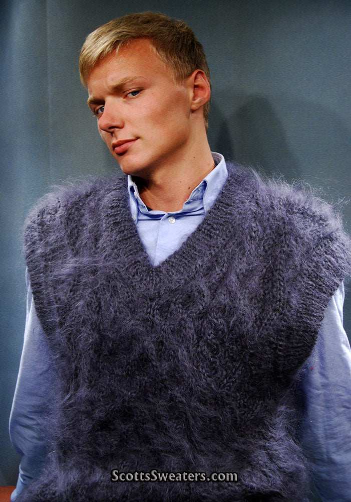 Men's handknit long-hair soft mohair sleeveless sweater vest matching zipper-front cardigan