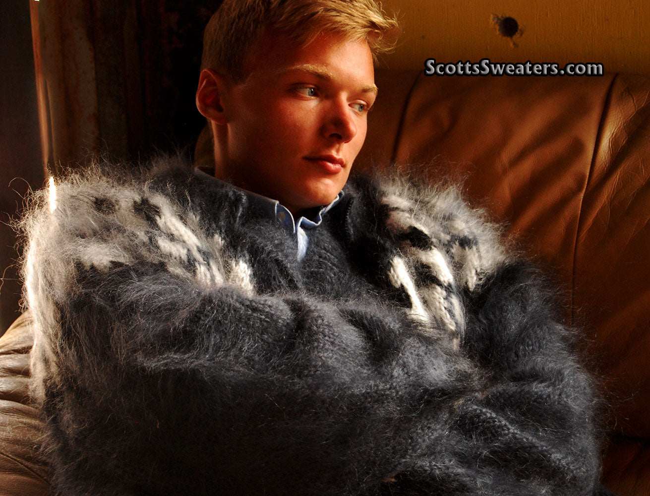 Men's handknit fuzzy mohair cardigan sweater with zipper front by Scott's Sweaters