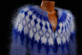 Handknit men's mohair cardigan sweater with long hair fuzzy texture and blue white pattern zipper-front design