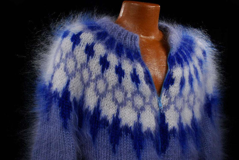 Handknit men's mohair cardigan sweater with long hair fuzzy texture and blue white pattern zipper-front design
