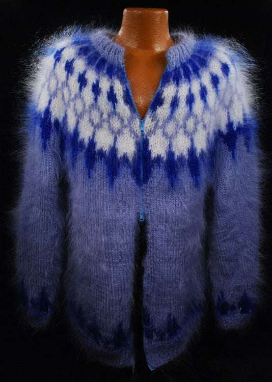 Men's Mohair Cardigan handknit fuzzy long-hair zipper-front sweater in blue and white patterns