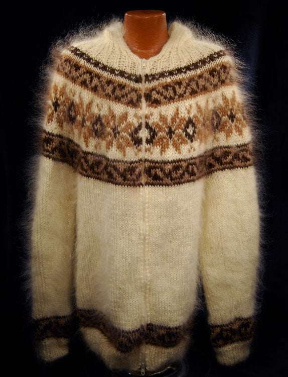 Unisex cream handknit mohair hoodie zipper-front cardigan with tan snowflake design by Scott's Sweaters