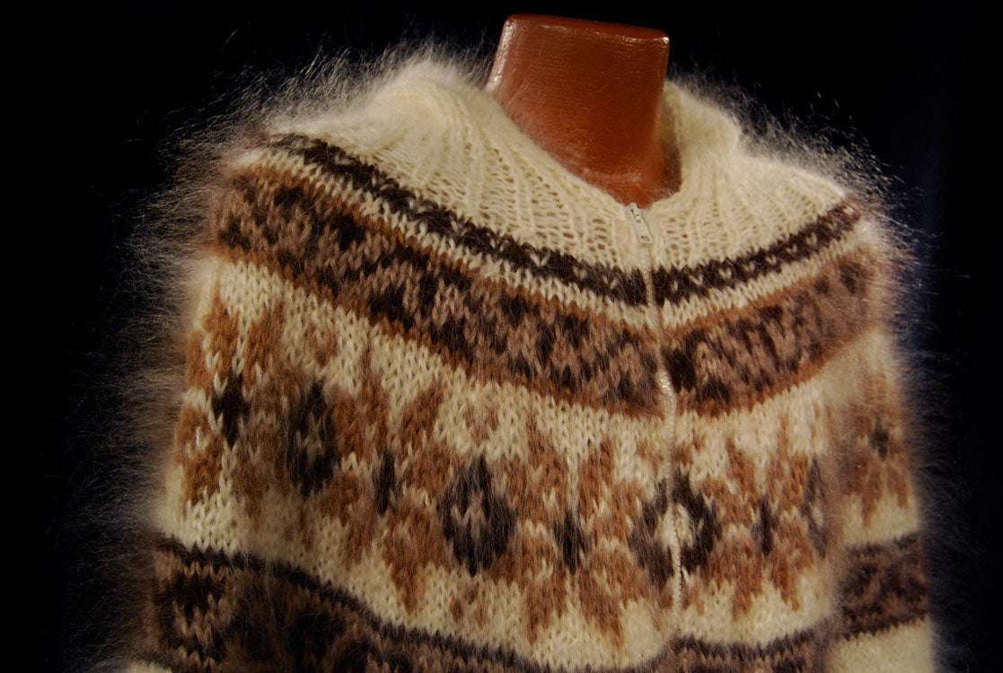Unisex cream handknit mohair hoodie with tan snowflake zipper-front sweater