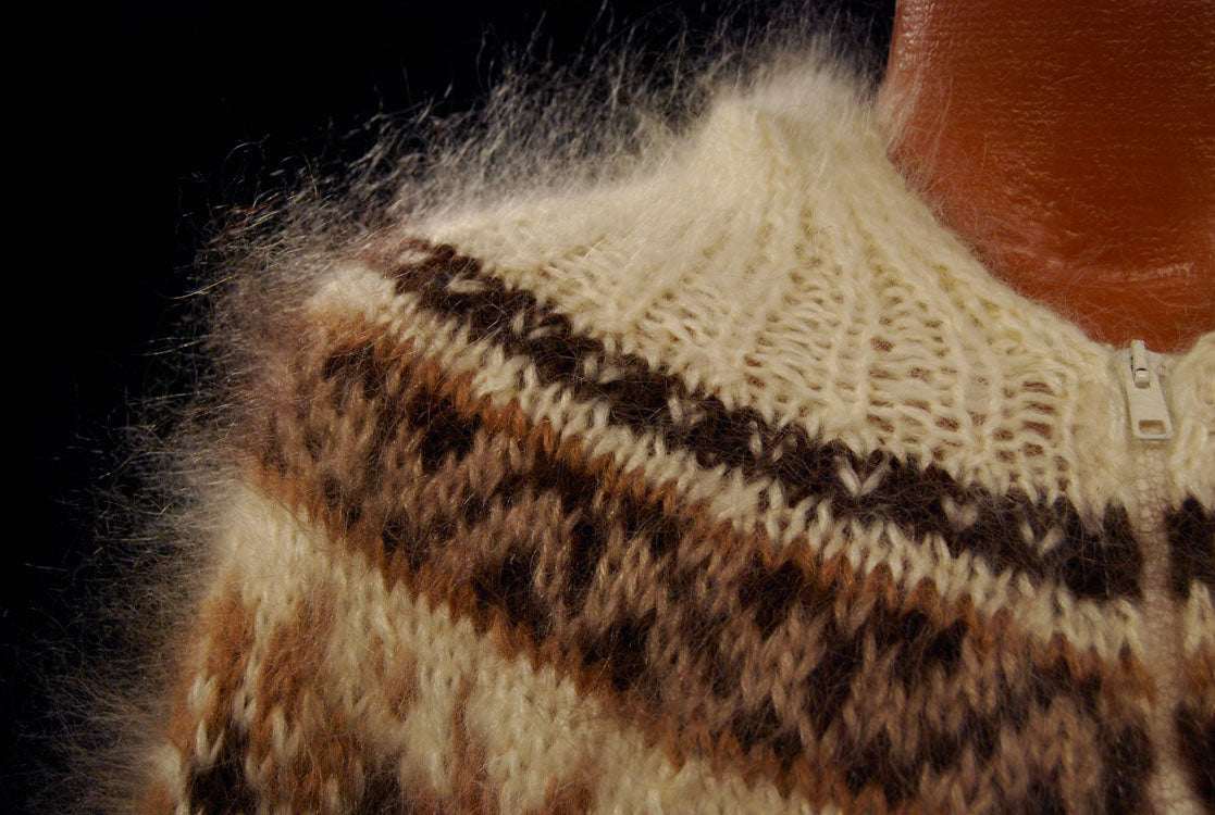 Unisex cream handknit mohair hoodie zipper-front sweater with tan snowflake design by Scott's Sweaters