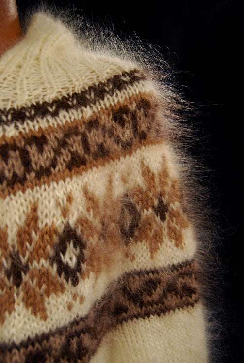 Unisex cream handknit mohair hoodie with zipper and tan snowflake design by Scott's Sweaters