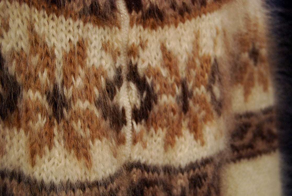 Unisex cream handknit mohair hoodie with tan snowflake zipper-front cardigan