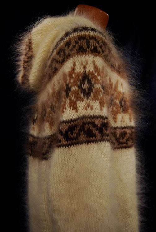 Unisex handknit cream mohair hoodie with zipper and tan snowflake design by Scott's Sweaters