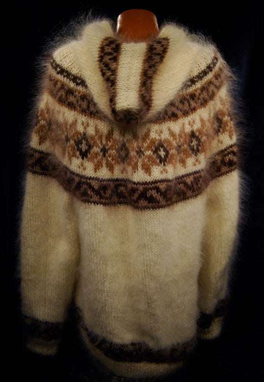 Unisex handknit cream mohair hoodie zipper cardigan with tan snowflake design by Scott's Sweaters