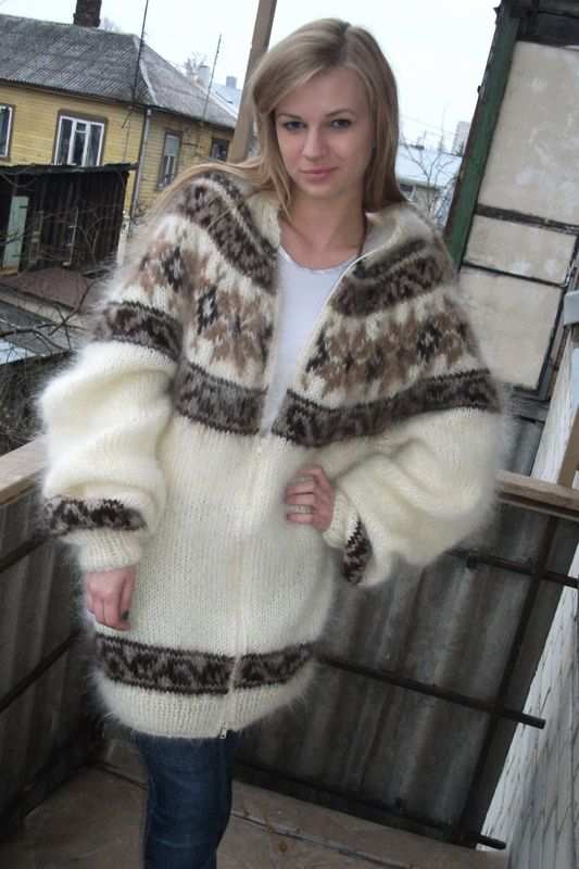 Unisex cream handknit mohair hoodie with zipper and tan snowflake design by Scott's Sweaters