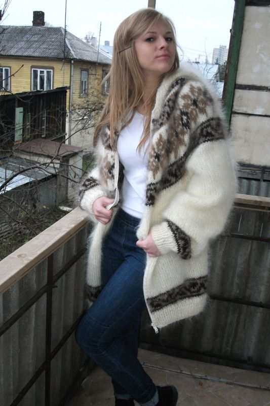 Unisex handknit cream mohair hoodie with zipper and tan snowflake design