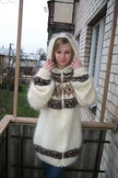 Unisex handknit cream mohair hoodie with brown snowflake design and zipper front sweater