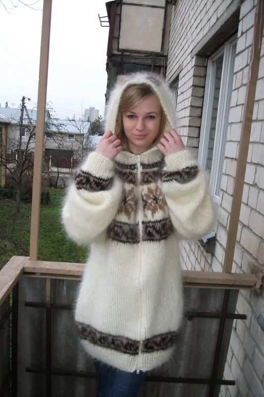 Unisex handknit cream mohair hoodie with brown snowflake design and zipper front sweater