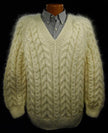 Men's handknit thick cabled mohair sweater in camel crewneck style