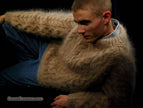 Men's handknit thick cabled mohair sweater in camel with crewneck design