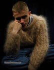 Men's handknit thick cabled mohair sweater in beige with crewneck design