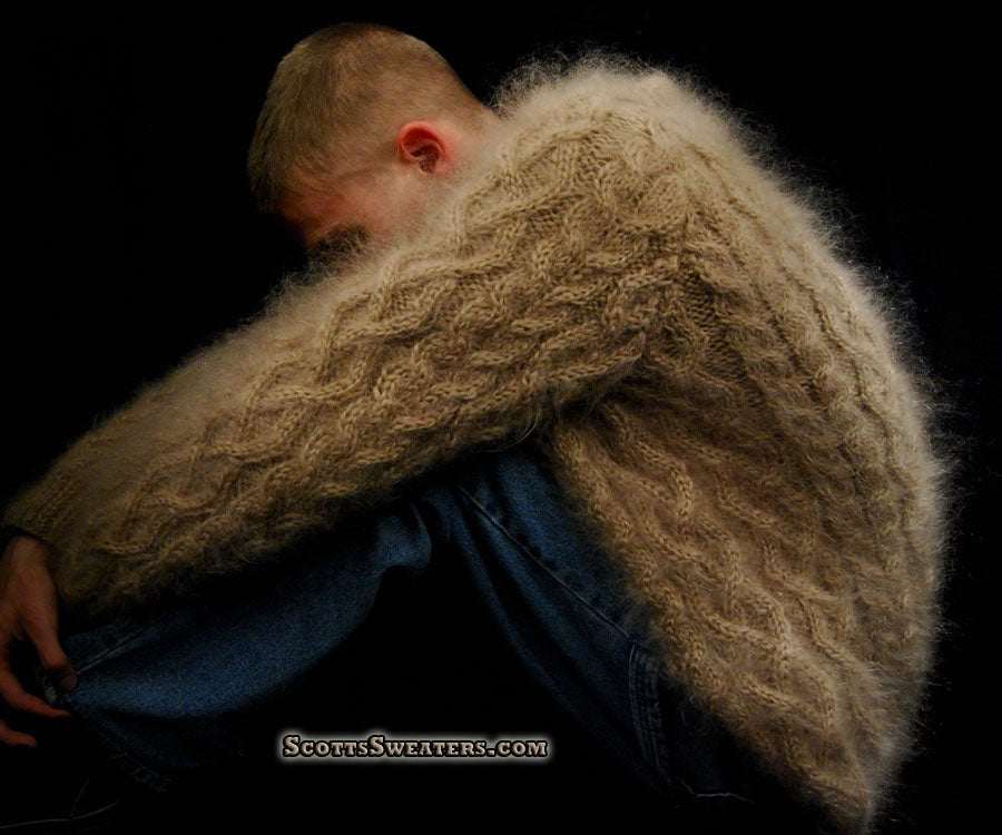 Men's handknit thick cabled mohair sweater in camel color, crewneck style