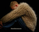 Men's handknit thick cabled mohair sweater in camel color, crewneck style