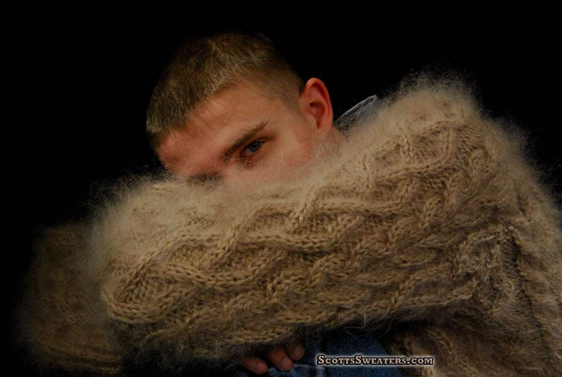 Men's handknit thick cabled mohair sweater in camel color with crewneck design