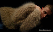 Men's handknit thick cabled mohair sweater in various colors with crewneck and turtleneck options