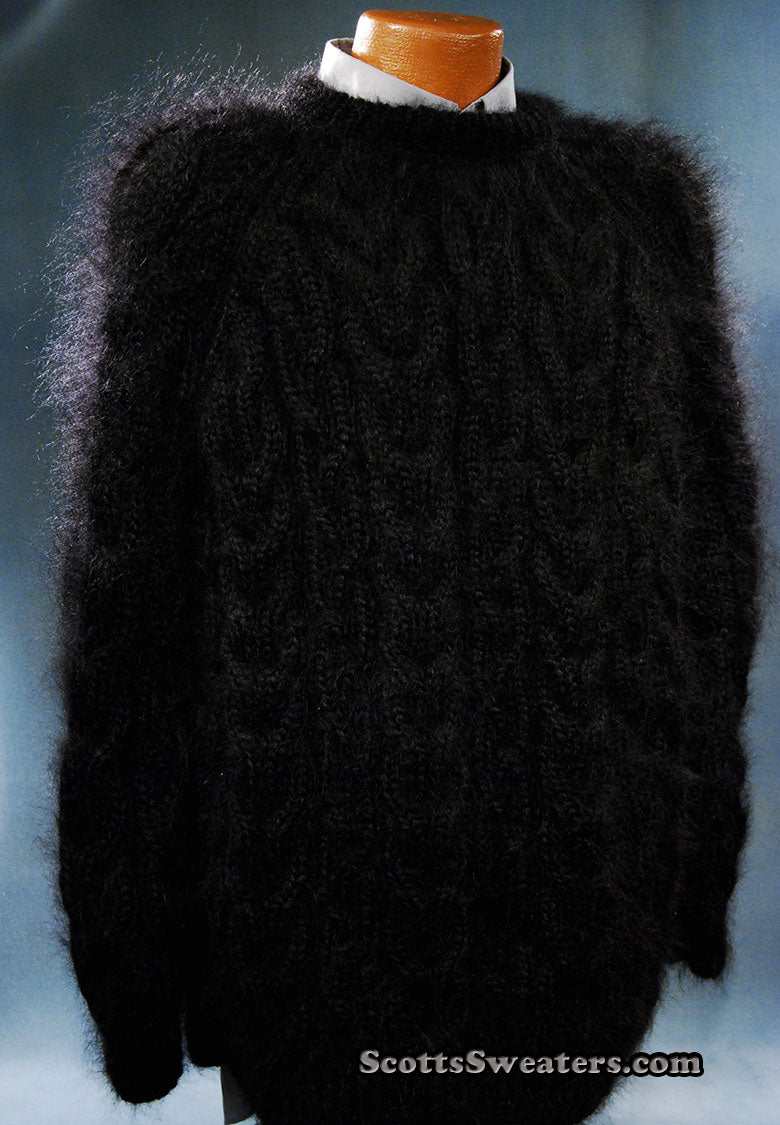 Men's handknit thick cabled mohair sweater in cream with crewneck design
