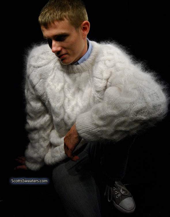 Men's handknit thick cabled mohair sweater in camel crewneck style