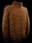 Men's handknit thick cabled mohair sweater in camel with crewneck design