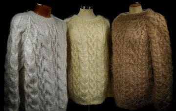Men's handknit thick cabled mohair sweaters in crewneck and turtleneck styles, available in white, black, camel, and beige colors