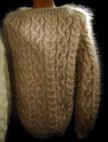 Men's handknit thick cable-knit mohair sweater in camel with crewneck design