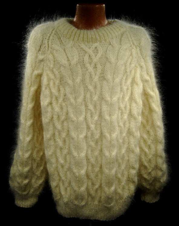 Men's handknit thick cable-knit mohair sweater in crewneck and turtleneck styles, available in white, black, camel, and beige colors