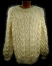 Men's handknit thick cable-knit mohair sweater in crewneck and turtleneck styles, available in white, black, camel, and beige colors