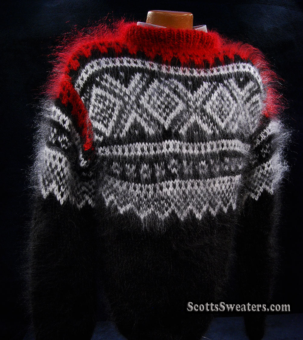 Schwarzer Mohair-Pullover mit Rundhalsausschnitt für Herren mit rot-weißem Design
