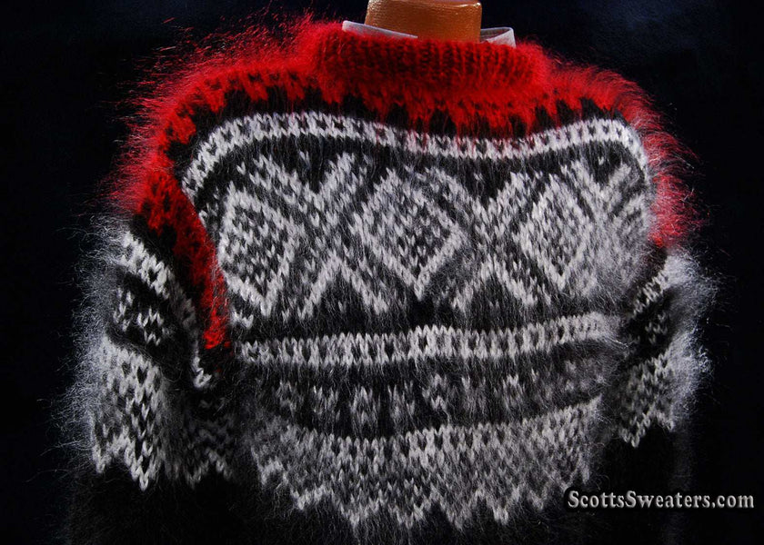 Men's black mohair pullover crewneck sweater with red and white yoke design