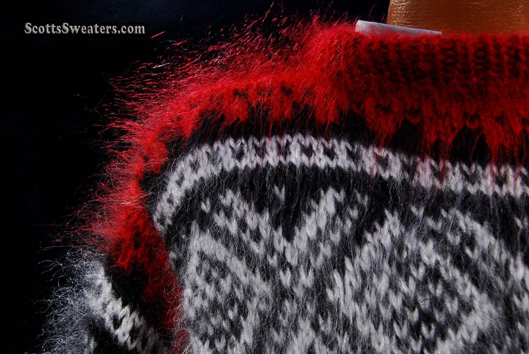 Men's black mohair pullover crewneck sweater with red and white yoke design