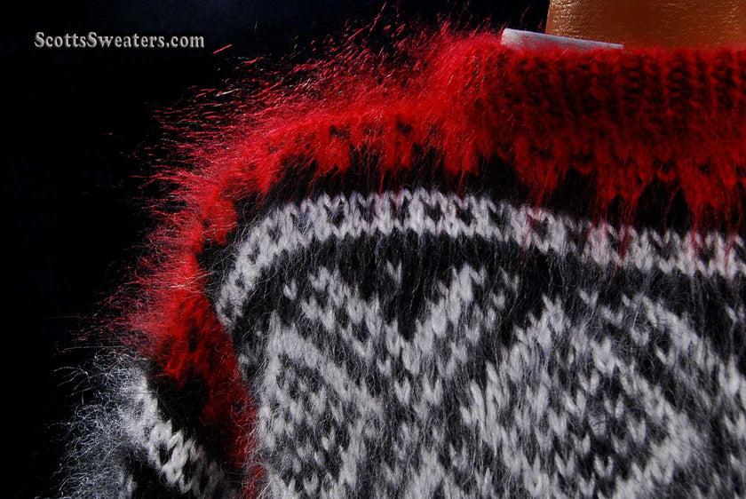 Men's black mohair pullover crewneck sweater with red and white yoke design