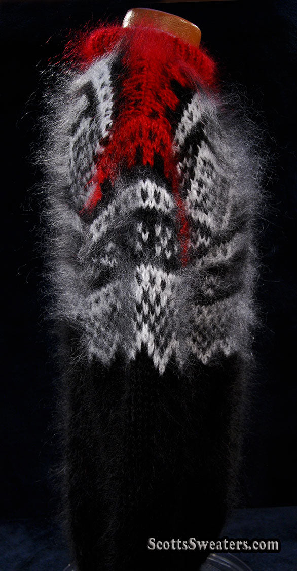 Schwarzer Mohair-Pullover mit Rundhalsausschnitt für Herren mit rot-weißem Design