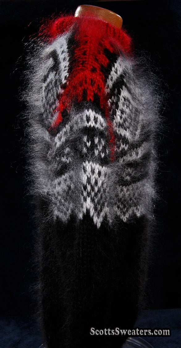 Men's black mohair pullover crewneck sweater with red and white yoke design