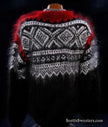 Men's black mohair pullover crewneck sweater with red and white yoke design
