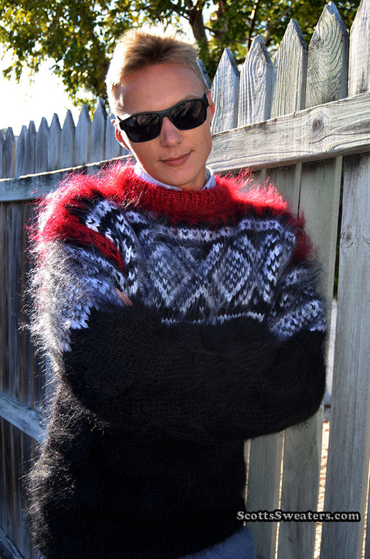 Men's Black Mohair Pullover Crewneck Sweater with Red and White Design