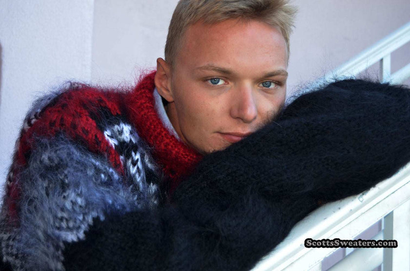 Men's black mohair pullover crewneck sweater with red and white yoke design