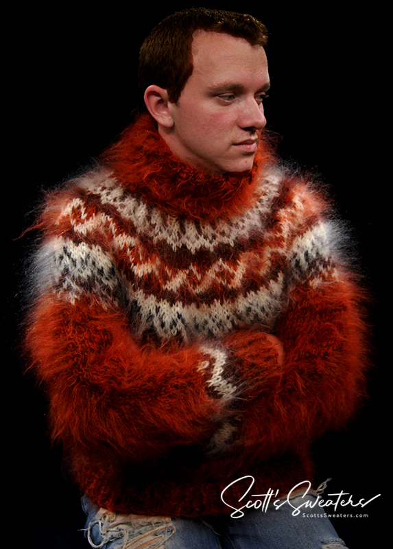 Copper colored men's handknit mohair turtleneck sweater