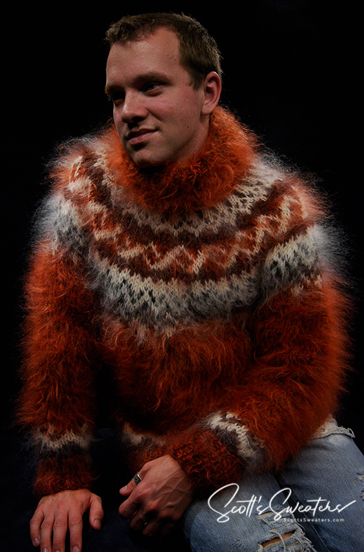 Copper colored men's handknit mohair turtleneck sweater, warm and luxurious